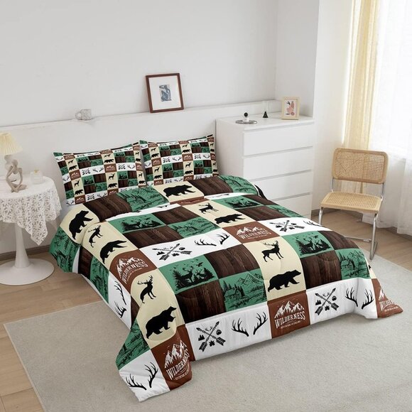 New 3 PC Rustic Hunting Bear & Deer Patchwork Comforter Set • KING Size - Picture 4 of 5